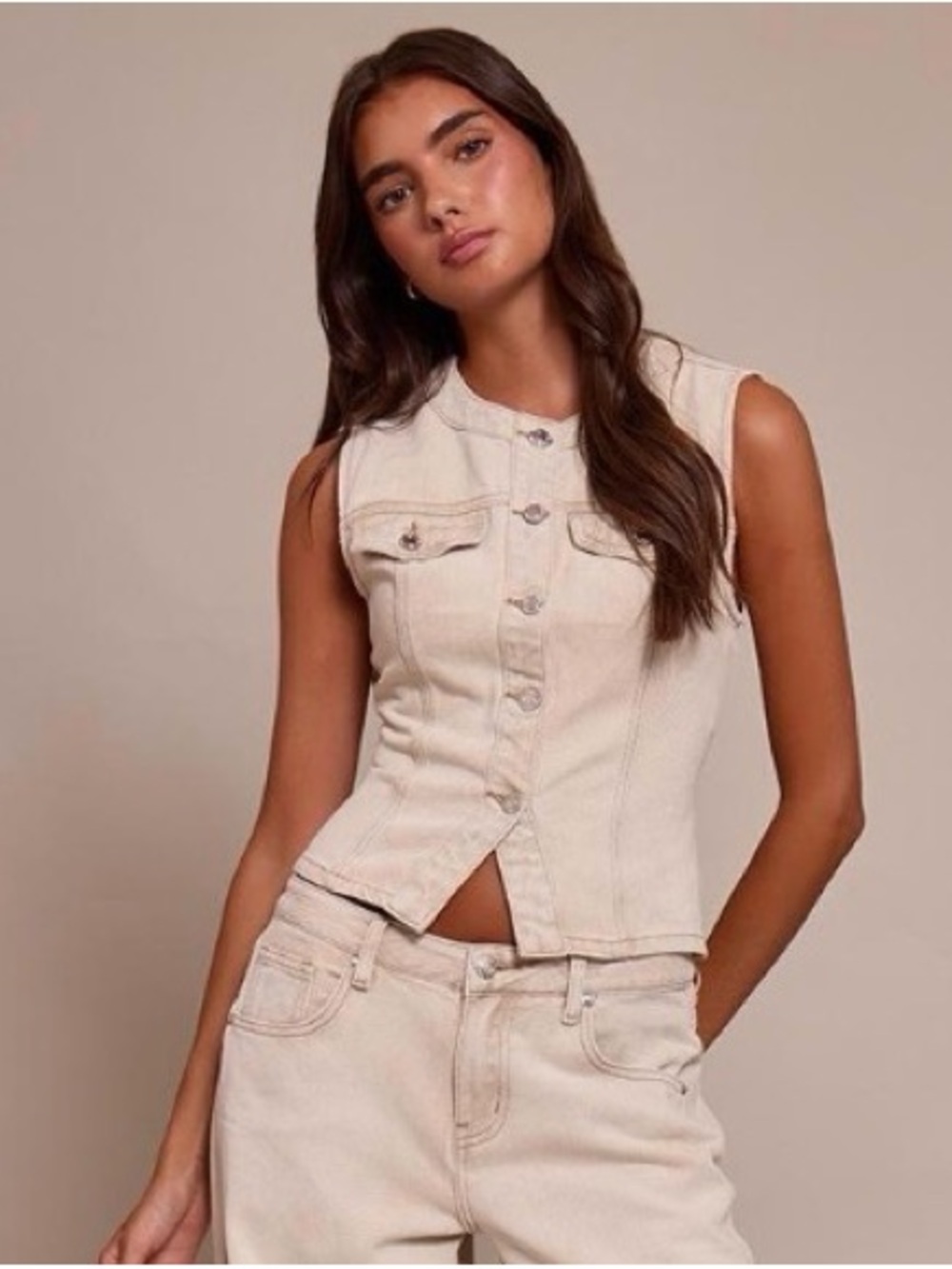 PrettyLittleThing Cream Button Front Denim Vest Crop Top #19